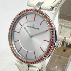 Jacques Lemans Women's Watch 35mm Silver Tone Red Crystals Bling 50M New Battery